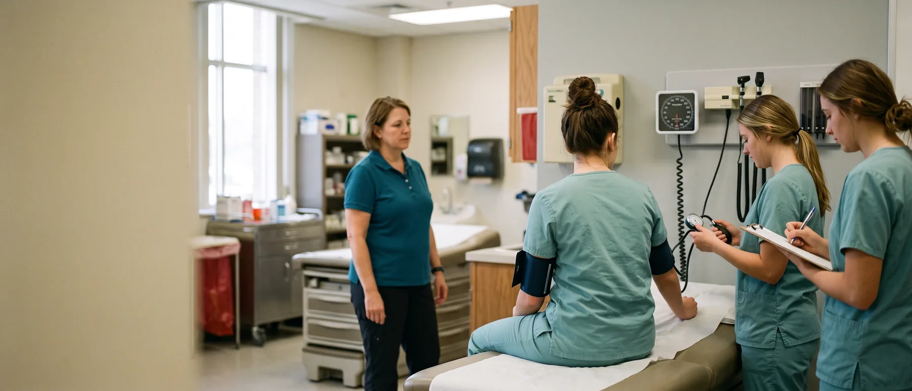 Medical assistant program students practicing vital signs in a college skills lab